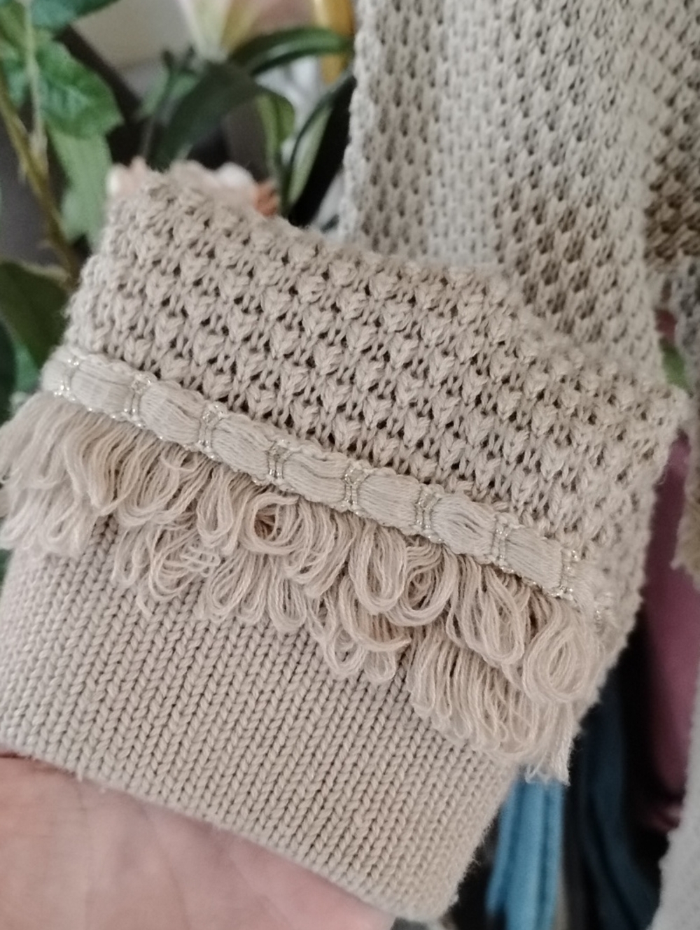Neutral Beige Fringe-Trim Knit Cardigan Jacket - Picture 6 of 9